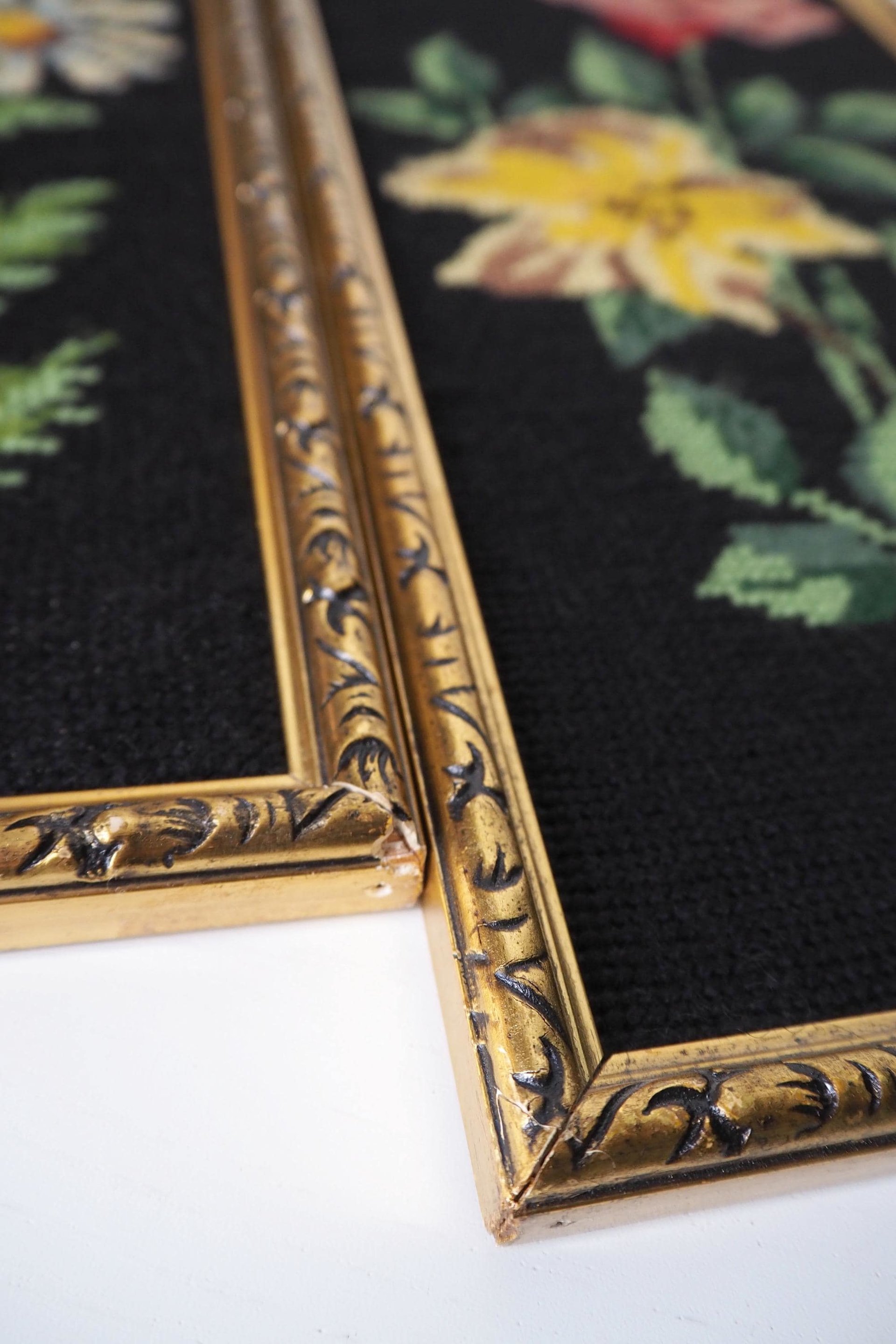 Set of two vintage framed needlepoint florals | Framed needlepoint wall art | Mismatched floral needlepoint wall art | Vintage needlepoint