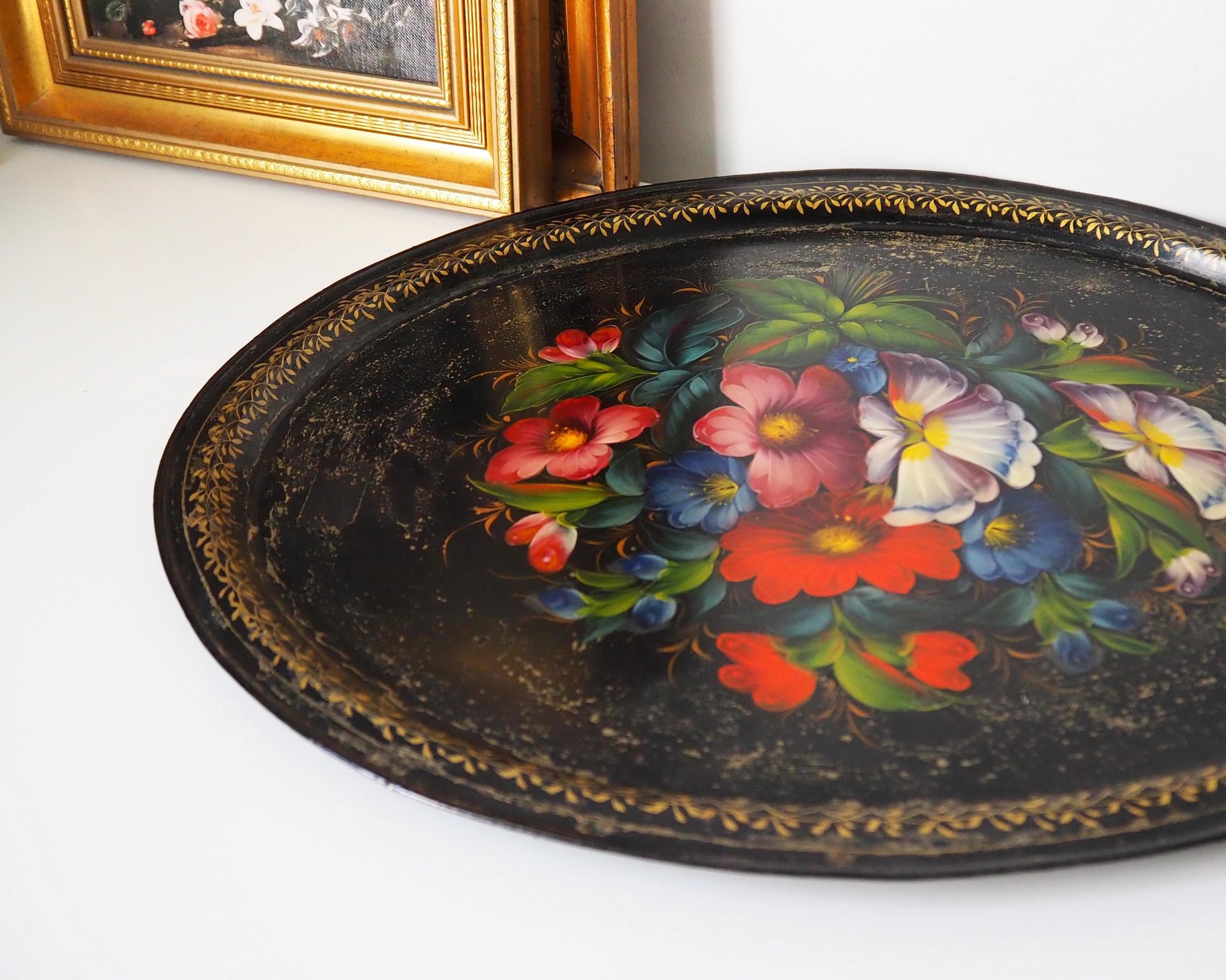 Vintage floral metal tray | Large handpainted floral tray | Vintage floral tray | Vintage Zhostovo tray | Vintage oval tray