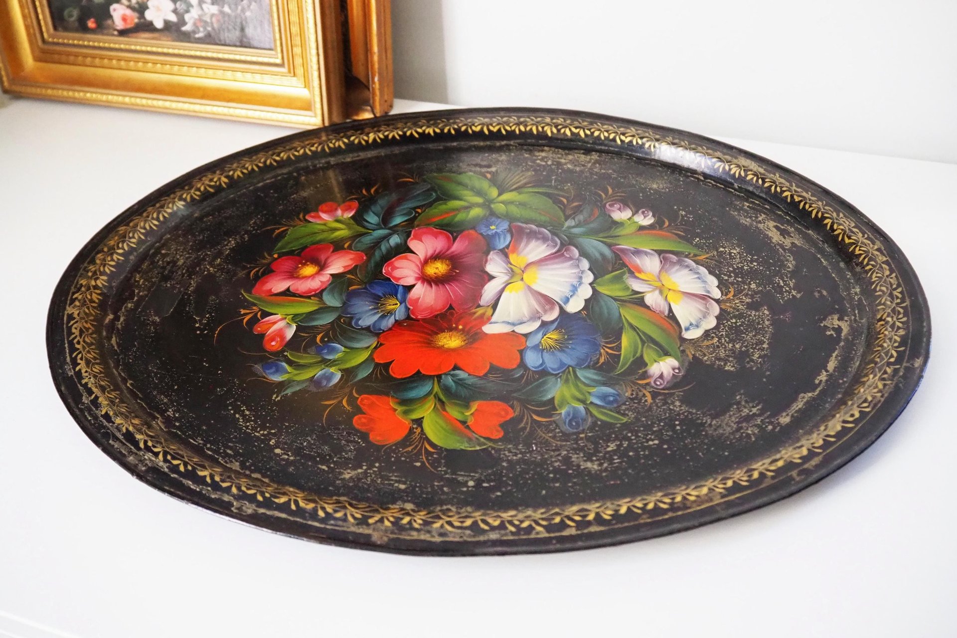 Vintage floral metal tray | Large handpainted floral tray | Vintage floral tray | Vintage Zhostovo tray | Vintage oval tray
