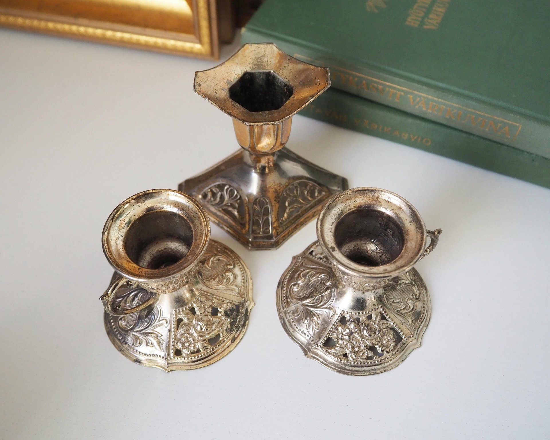 Set of three vintage candlestick holders | Silver tone candlestick holders | Mismatched candlestick holders