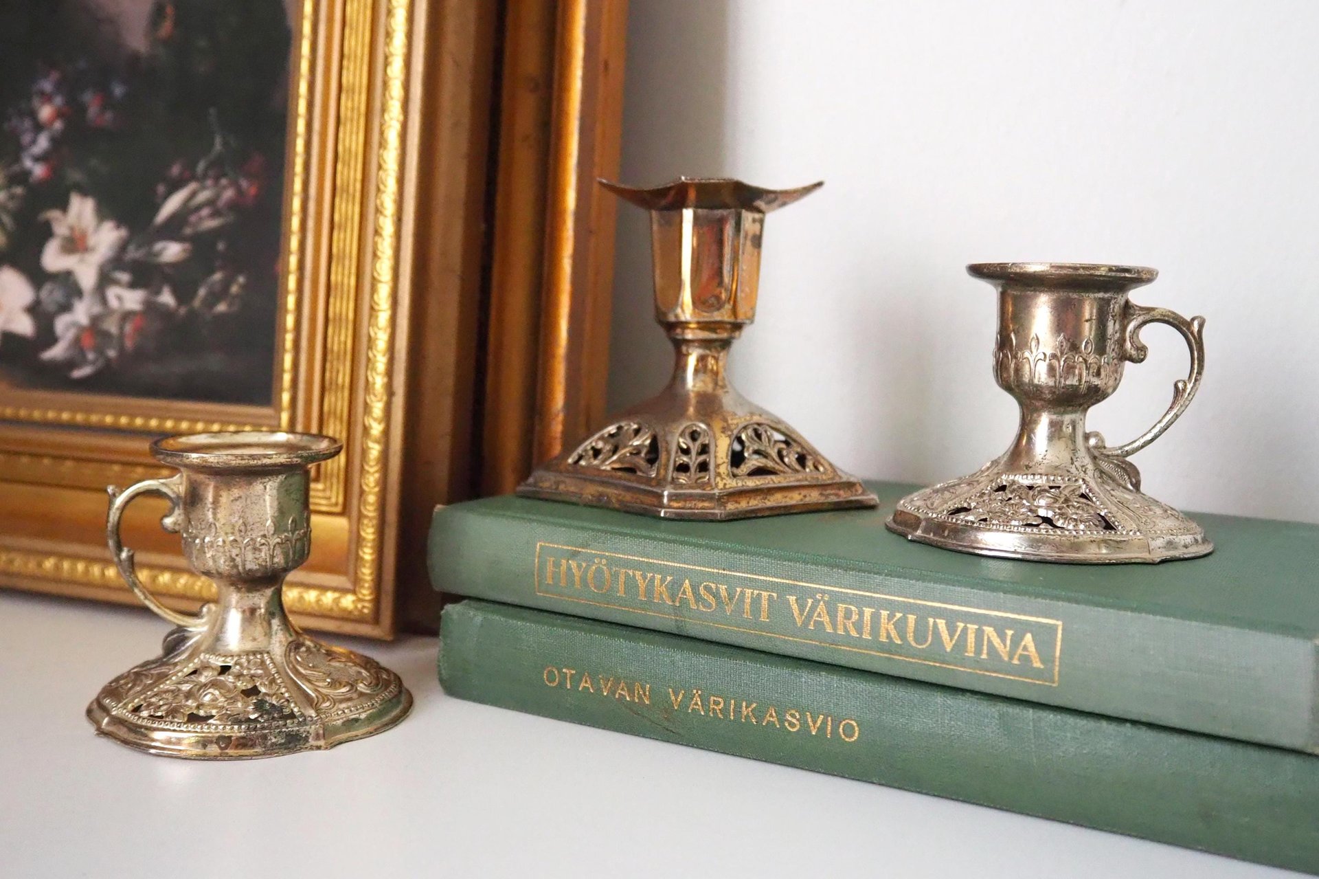 Set of three vintage candlestick holders | Silver tone candlestick holders | Mismatched candlestick holders