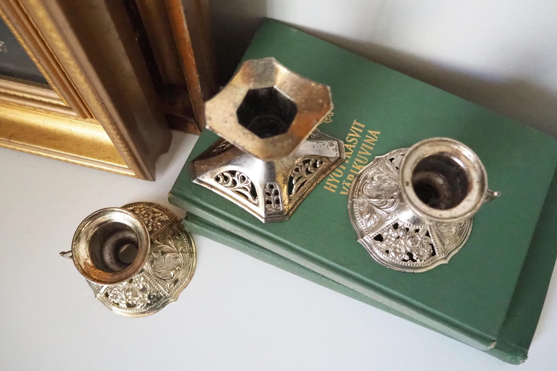 Set of three vintage candlestick holders | Silver tone candlestick holders | Mismatched candlestick holders