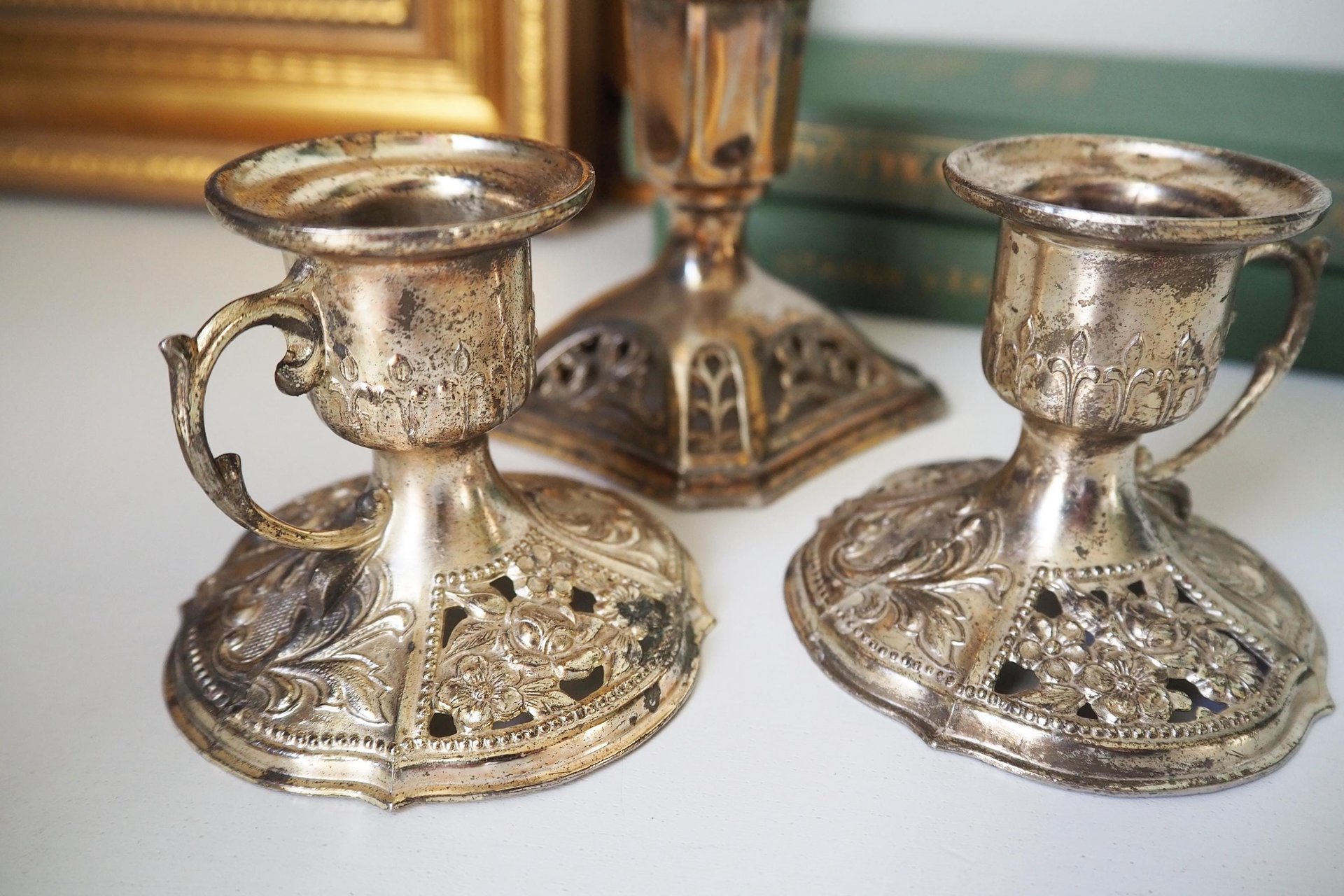 Set of three vintage candlestick holders | Silver tone candlestick holders | Mismatched candlestick holders