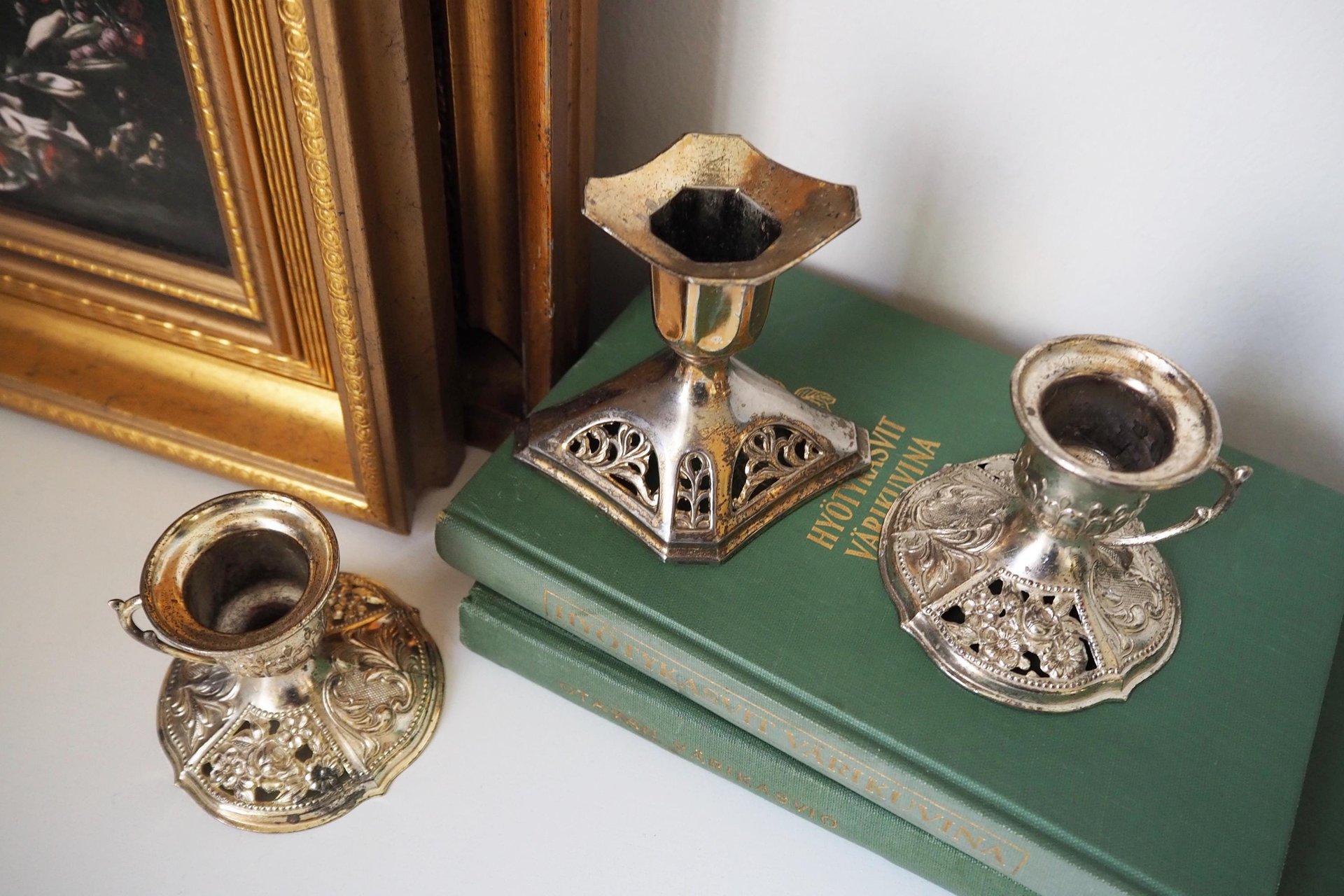 Set of three vintage candlestick holders | Silver tone candlestick holders | Mismatched candlestick holders
