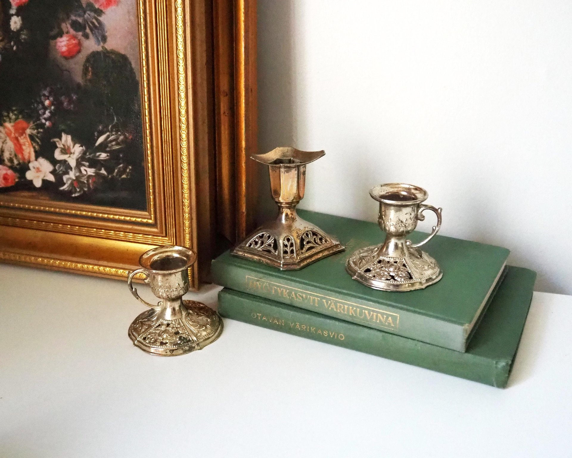 Set of three vintage candlestick holders | Silver tone candlestick holders | Mismatched candlestick holders