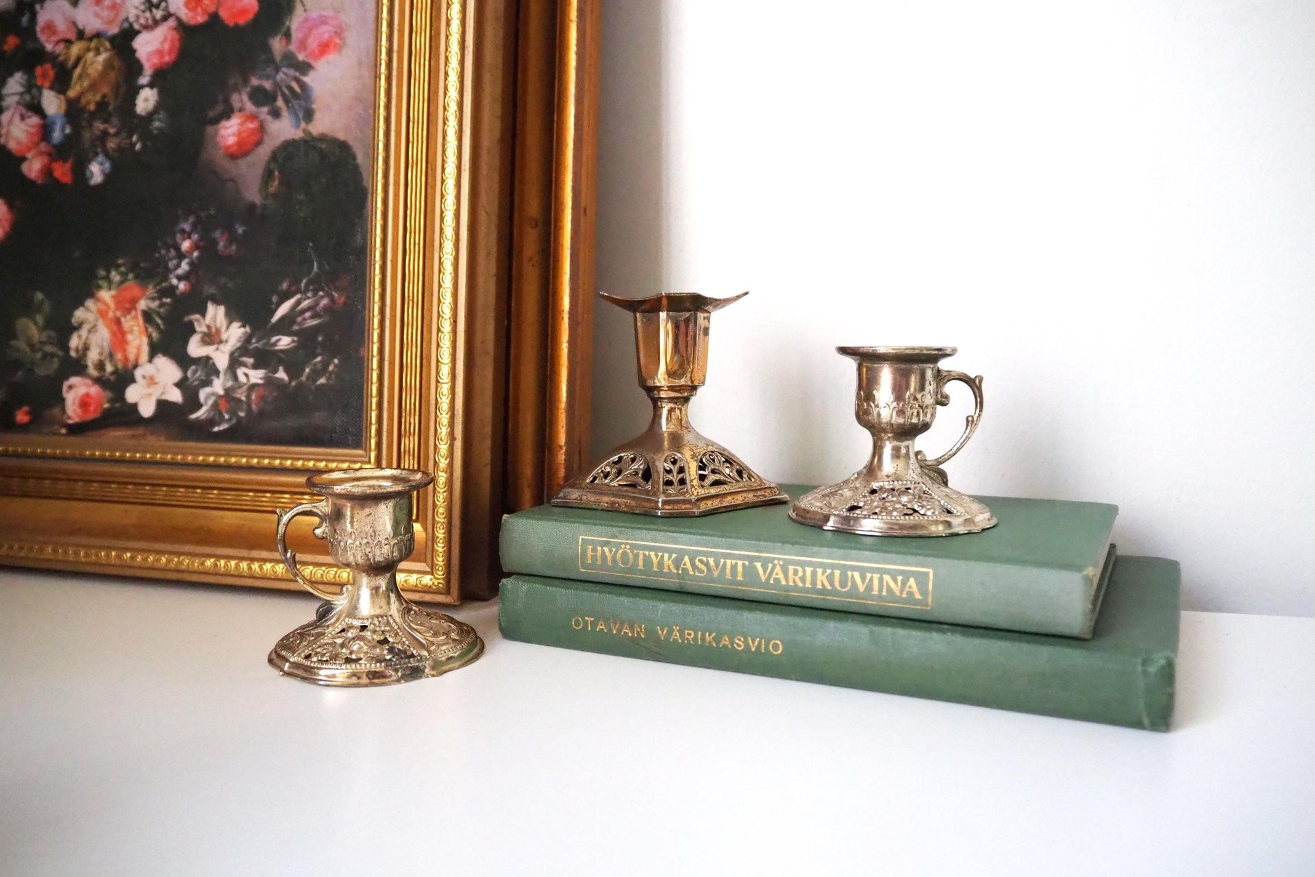 Set of three vintage candlestick holders | Silver tone candlestick holders | Mismatched candlestick holders
