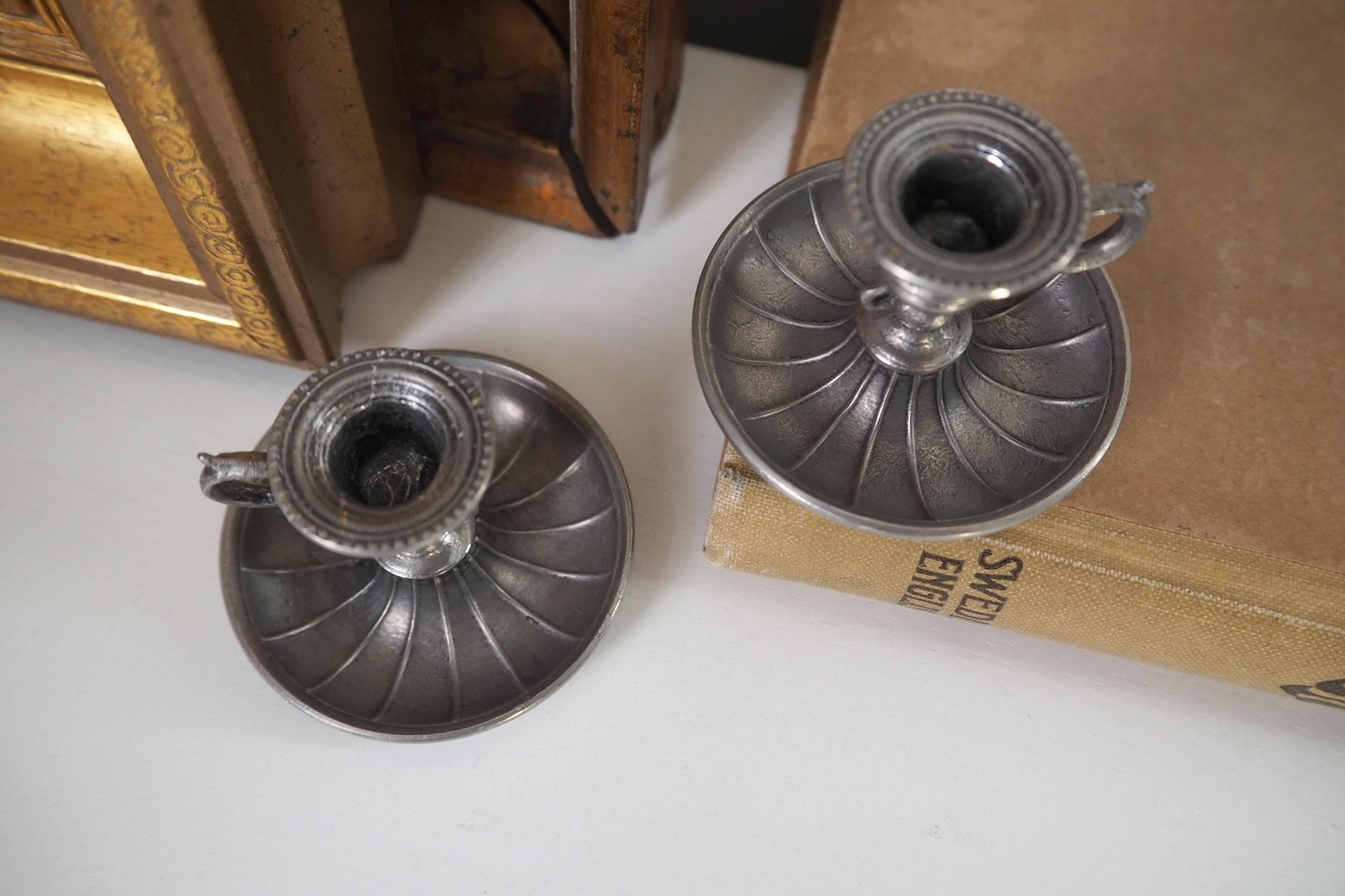 Set of two vintage candlestick holders | Tiny pewter candlestick holders | Small chamber style candle holders | Pewter candle holders