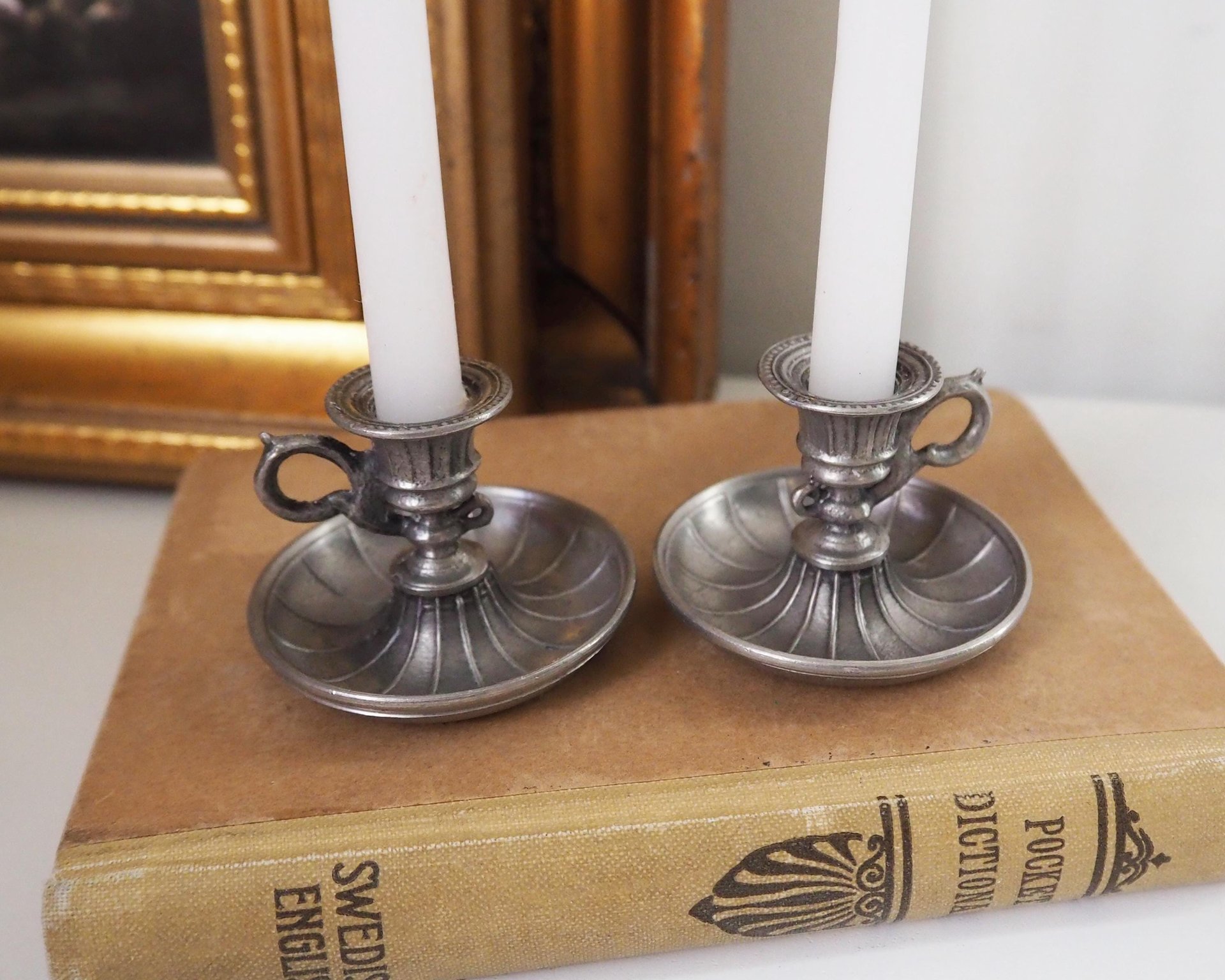 Set of two vintage candlestick holders | Tiny pewter candlestick holders | Small chamber style candle holders | Pewter candle holders