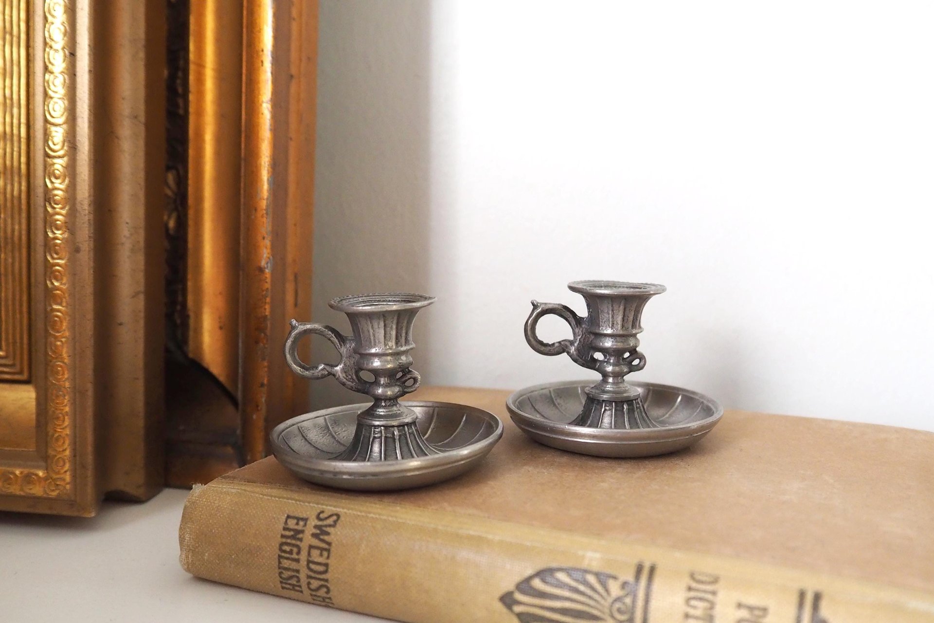 Set of two vintage candlestick holders | Tiny pewter candlestick holders | Small chamber style candle holders | Pewter candle holders