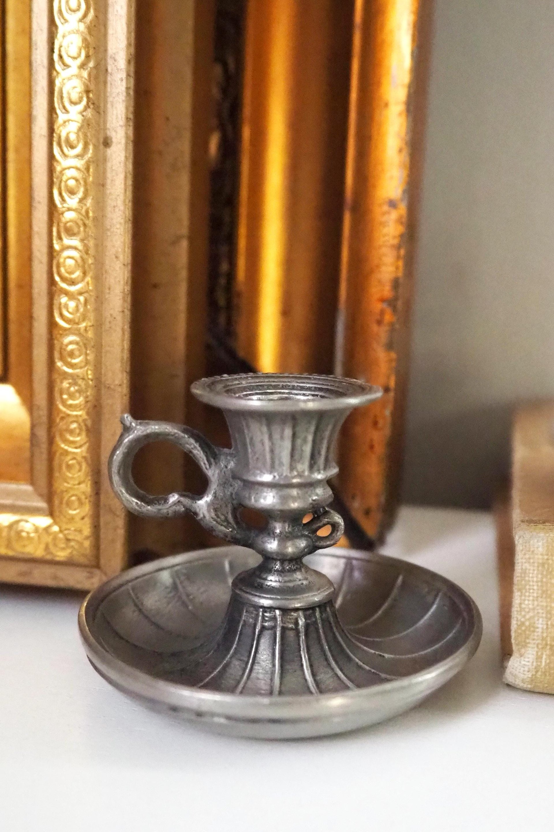 Set of two vintage candlestick holders | Tiny pewter candlestick holders | Small chamber style candle holders | Pewter candle holders