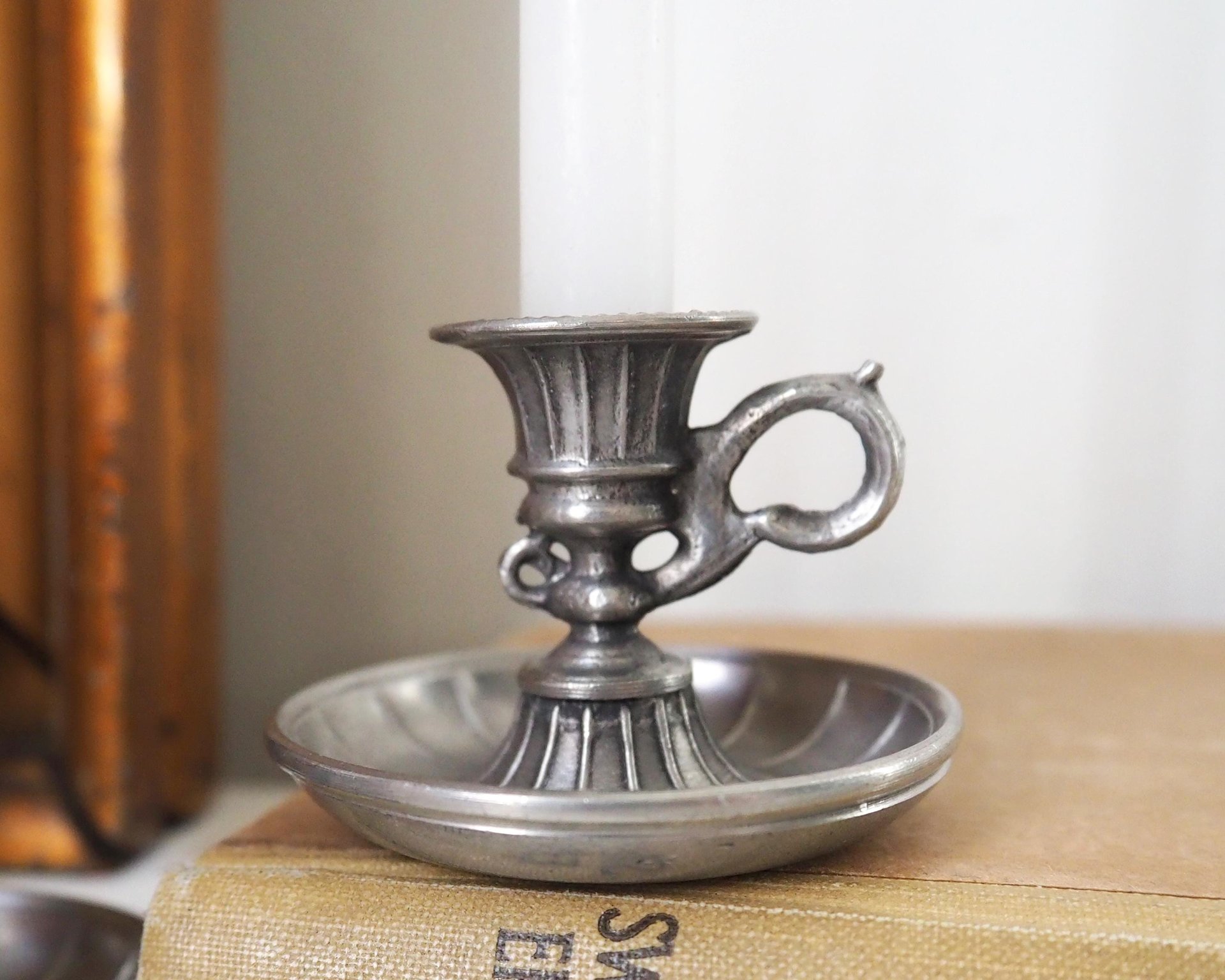 Set of two vintage candlestick holders | Tiny pewter candlestick holders | Small chamber style candle holders | Pewter candle holders