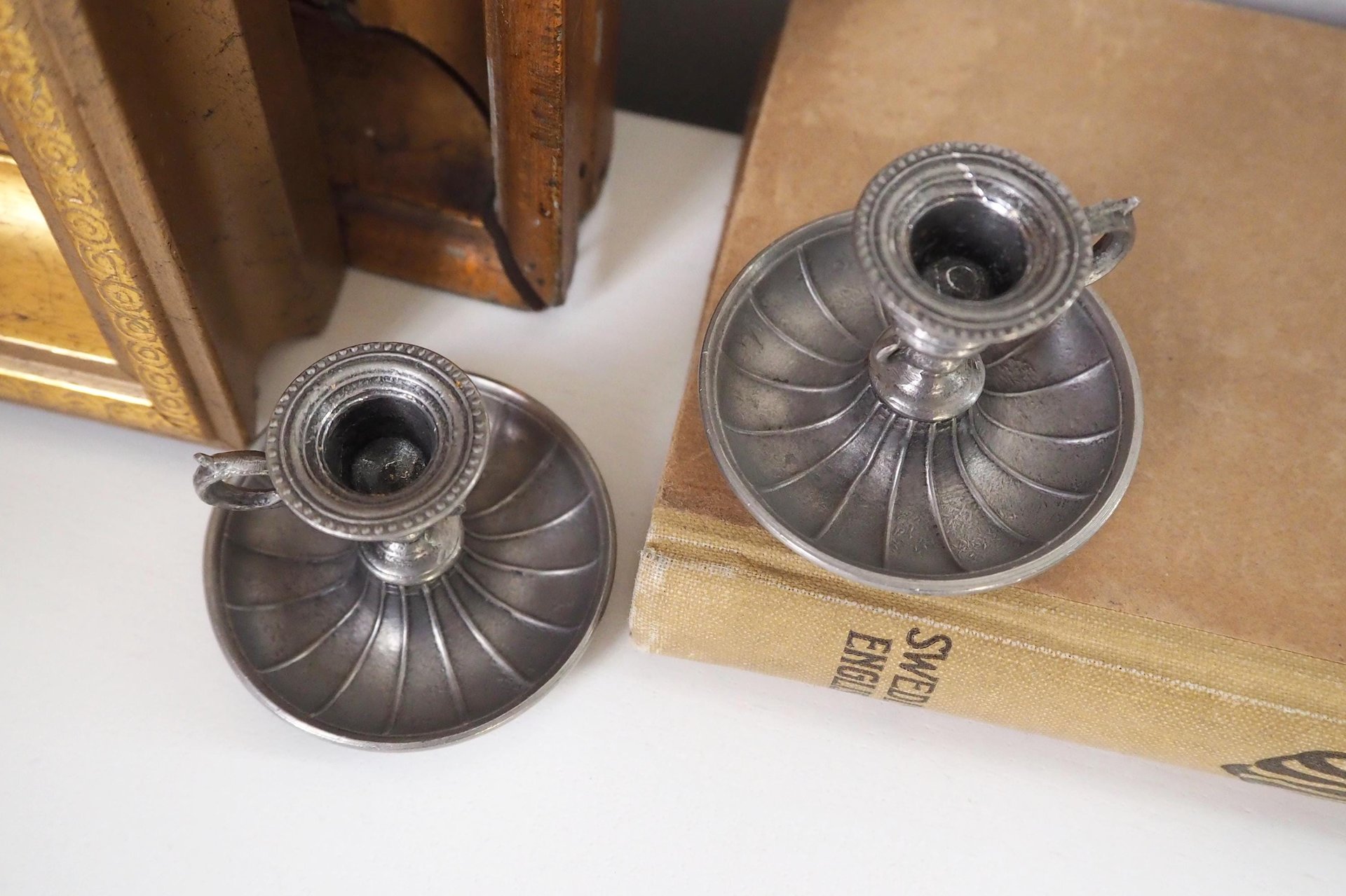 Set of two vintage candlestick holders | Tiny pewter candlestick holders | Small chamber style candle holders | Pewter candle holders