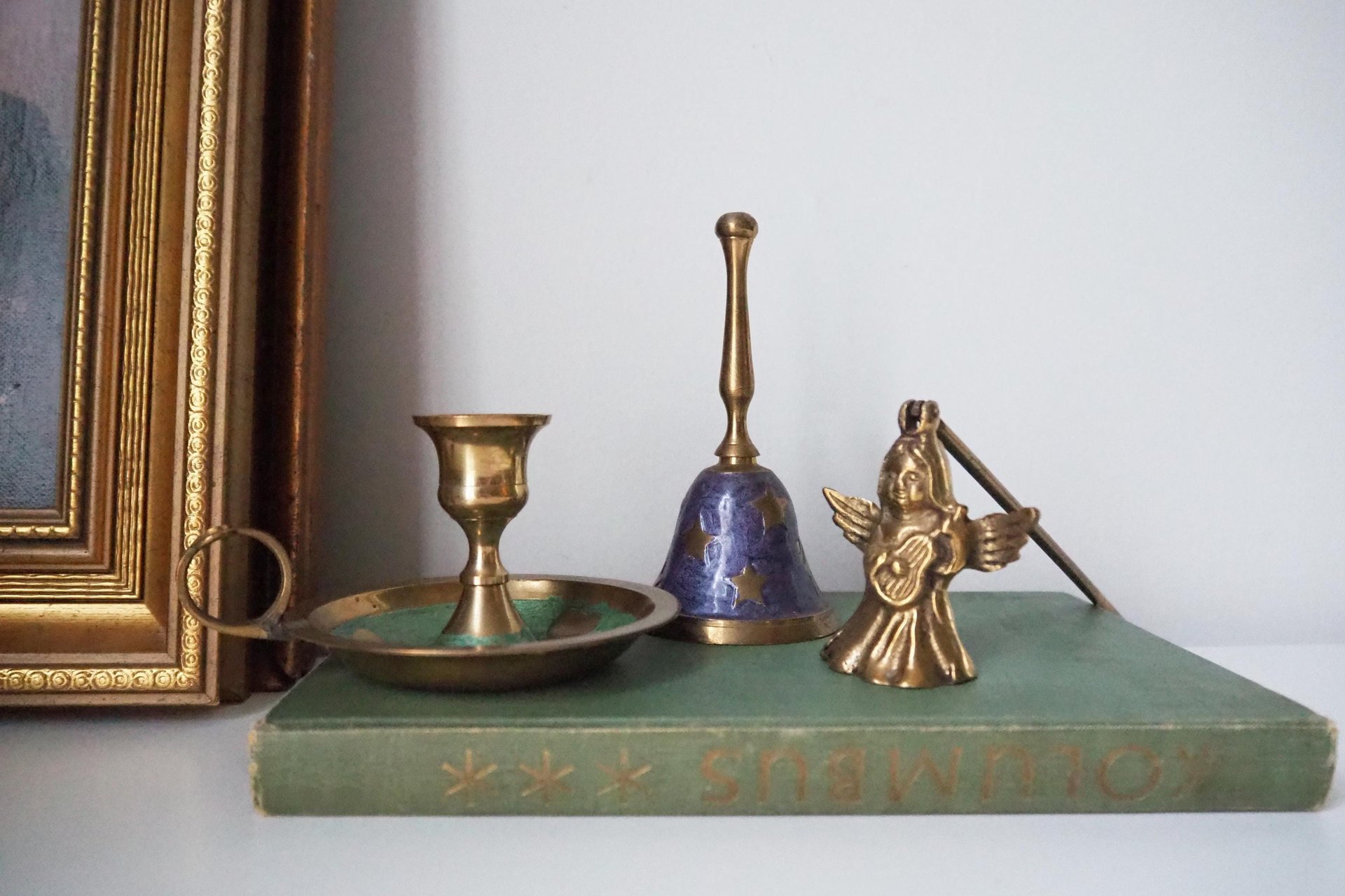 Vintage brass Christmas set | Vintage brass hand bell | Vintage brass candle holder and candle snuffer | Vintage Christmas gift set