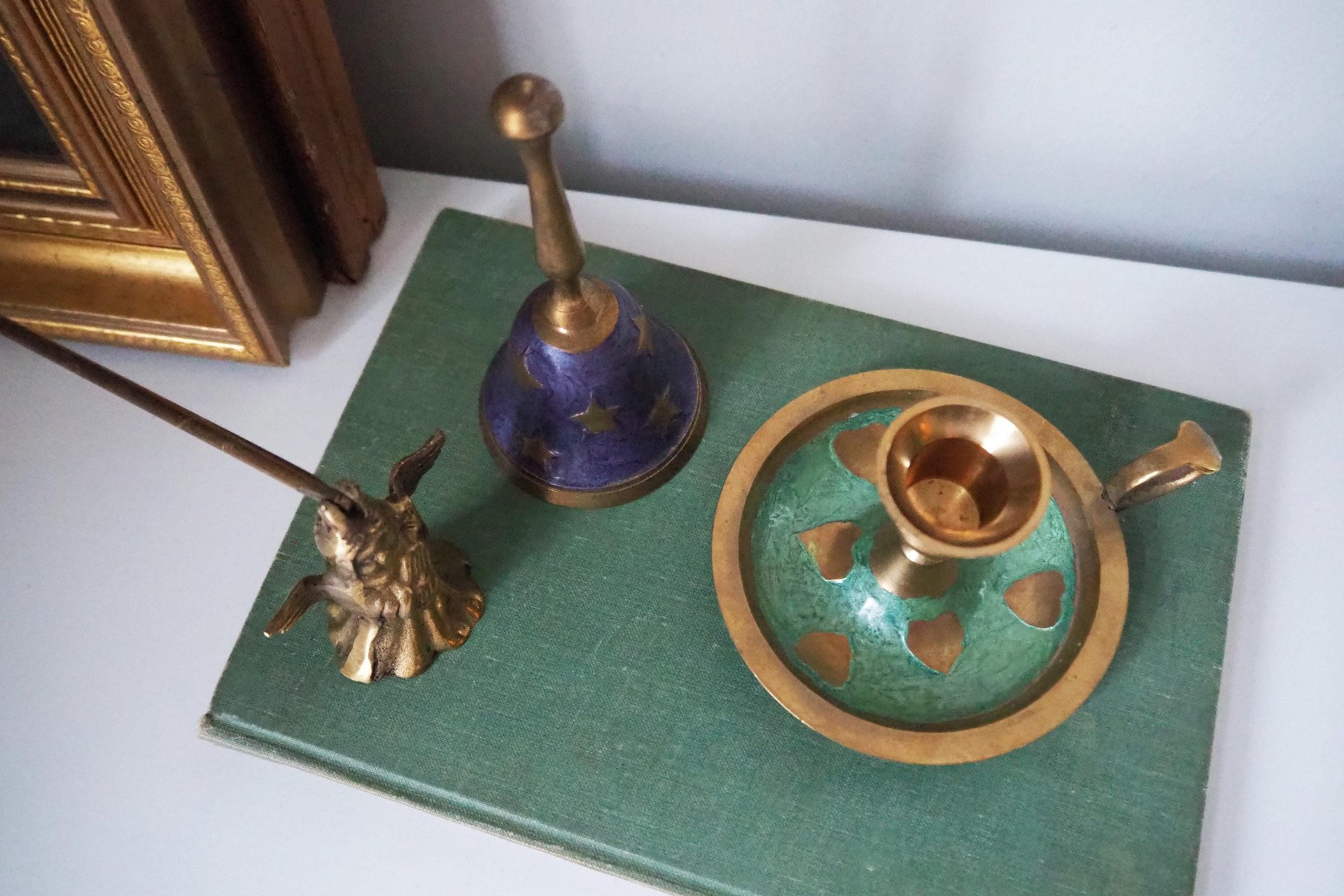 Vintage brass Christmas set | Vintage brass hand bell | Vintage brass candle holder and candle snuffer | Vintage Christmas gift set