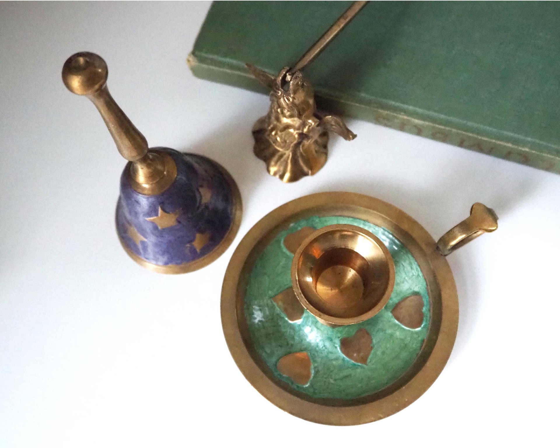 Vintage brass Christmas set | Vintage brass hand bell | Vintage brass candle holder and candle snuffer | Vintage Christmas gift set