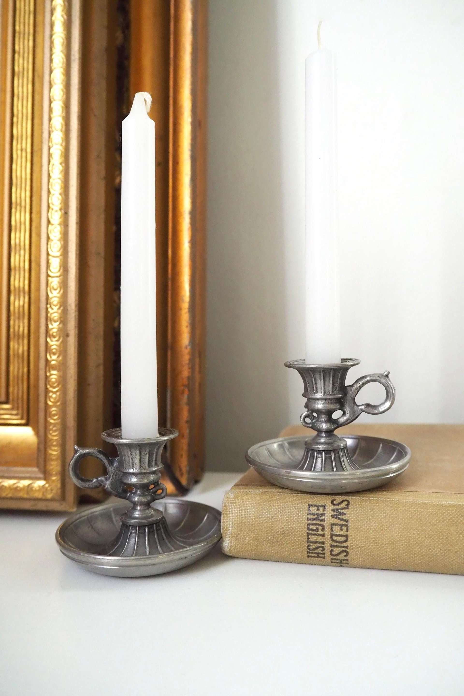 Set of two vintage candlestick holders | Tiny pewter candlestick holders | Small chamber style candle holders | Pewter candle holders