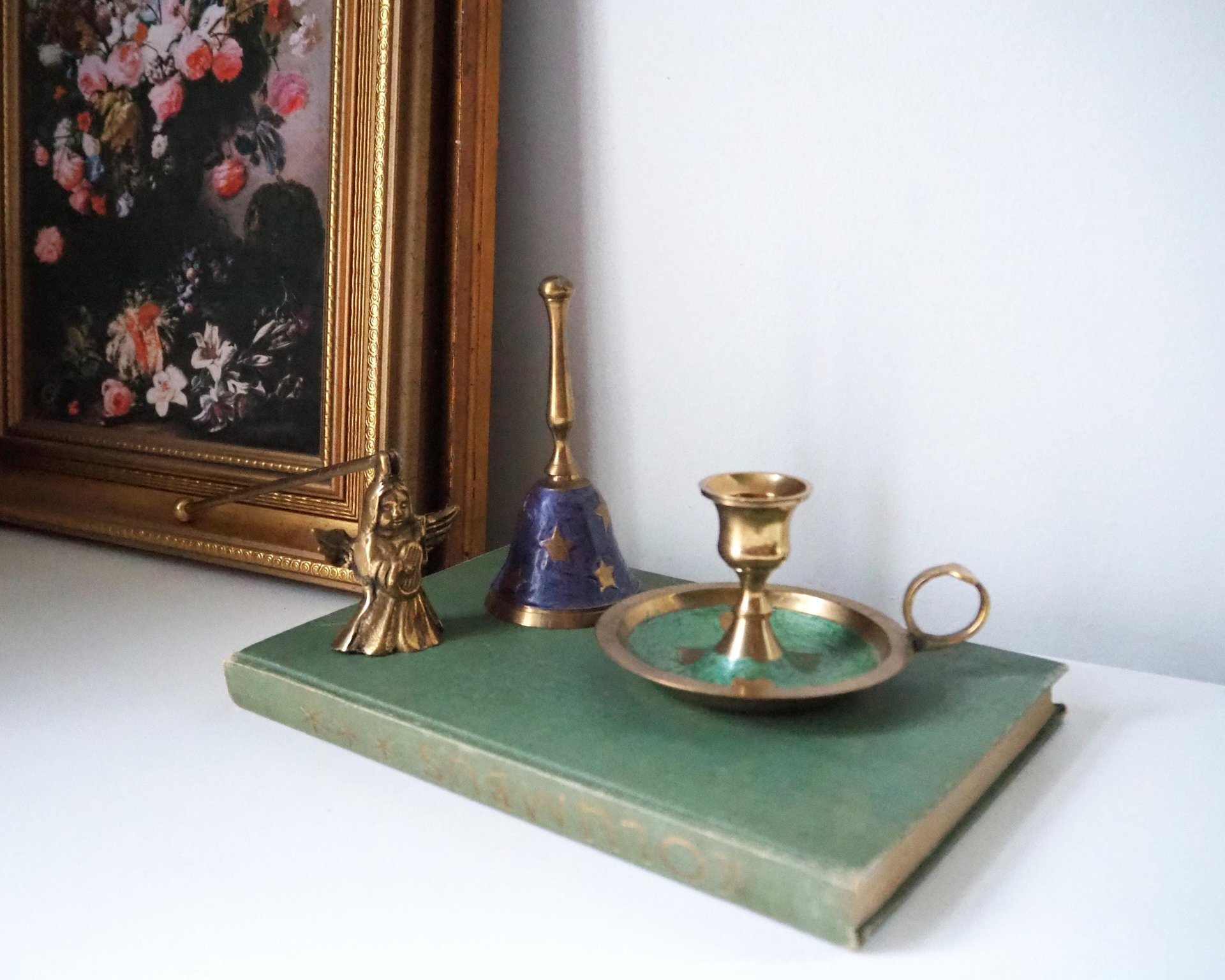 Vintage brass Christmas set | Vintage brass hand bell | Vintage brass candle holder and candle snuffer | Vintage Christmas gift set