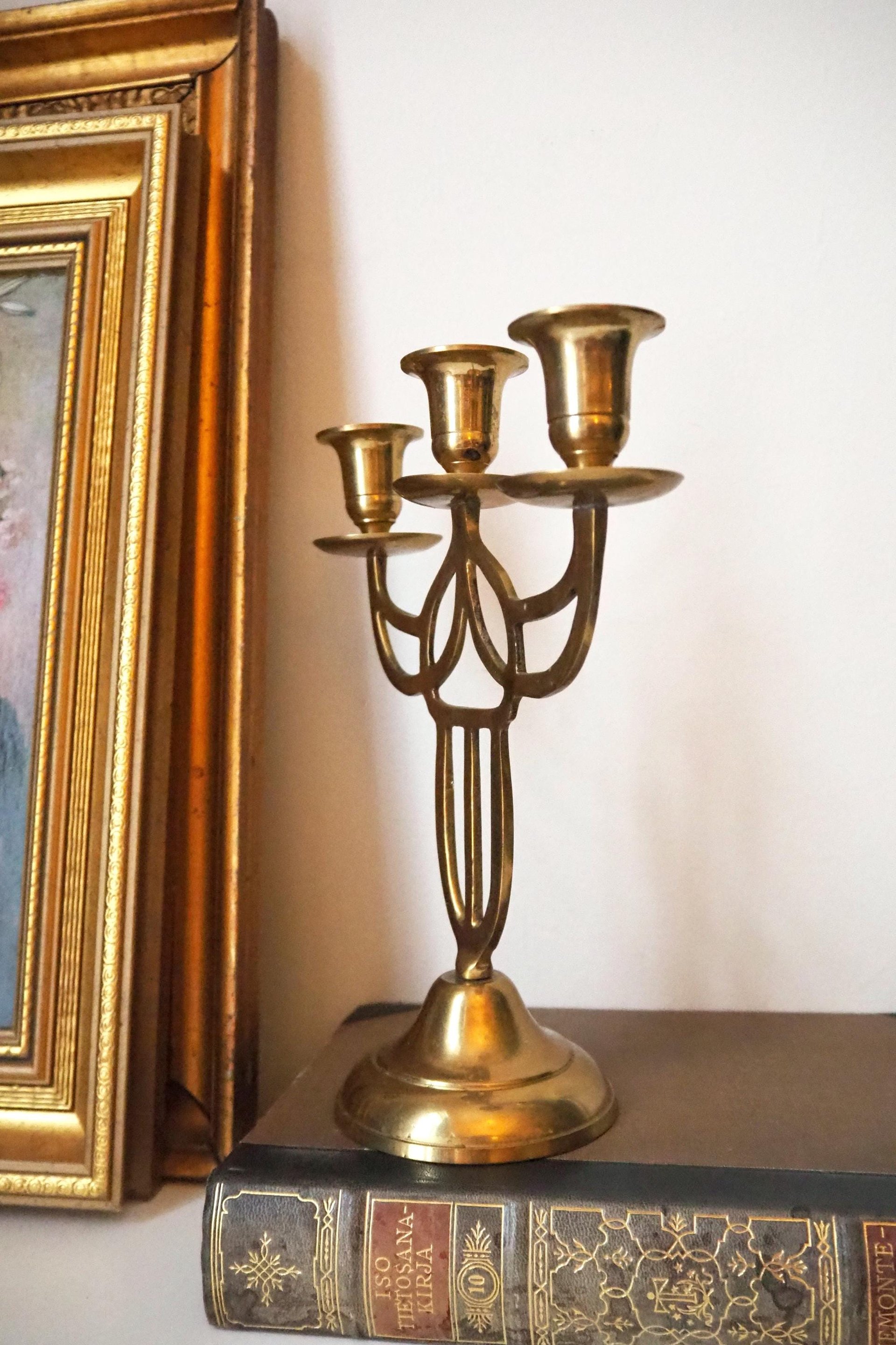 Vintage three arm candelabrum | Vintage brass candelabrum | Three arm candlestick holder | Vintage candelabra | Art nouveau candelabrum
