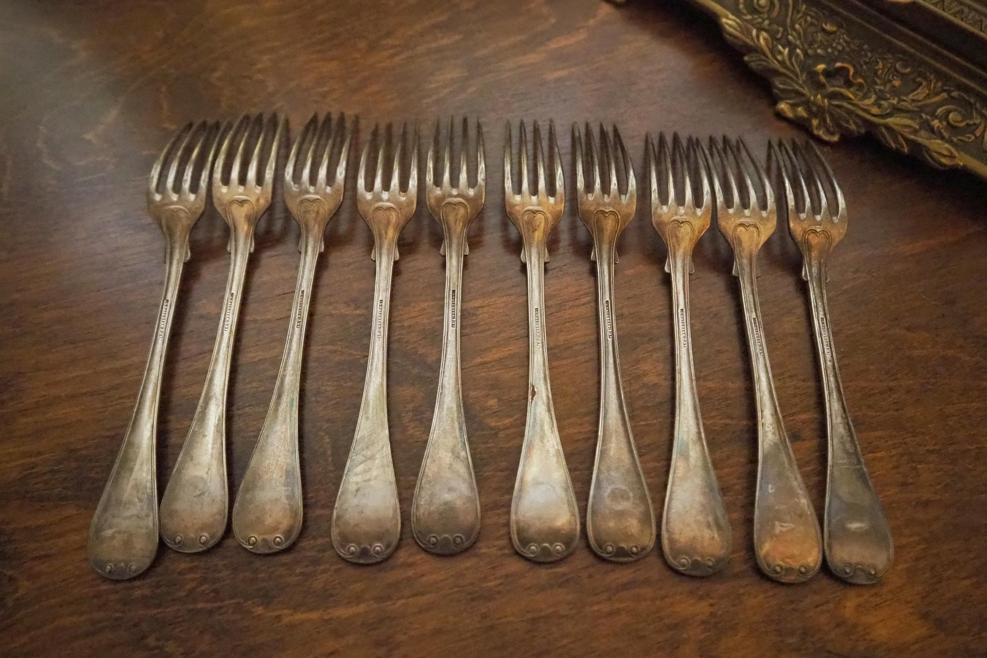 Set of ten vintage forks | C. G. Hallberg dinner forks | Vintage alpacca silver forks | Made in Sweden