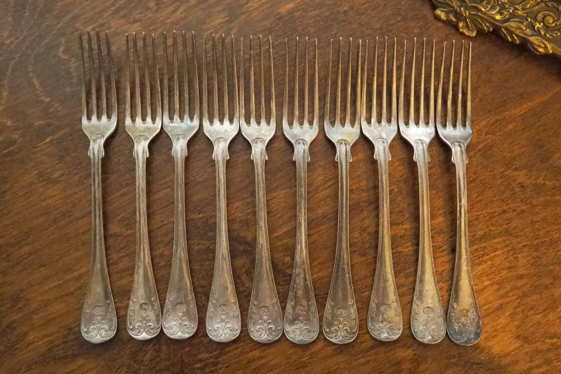 Set of ten vintage forks | C. G. Hallberg dinner forks | Vintage alpacca silver forks | Made in Sweden