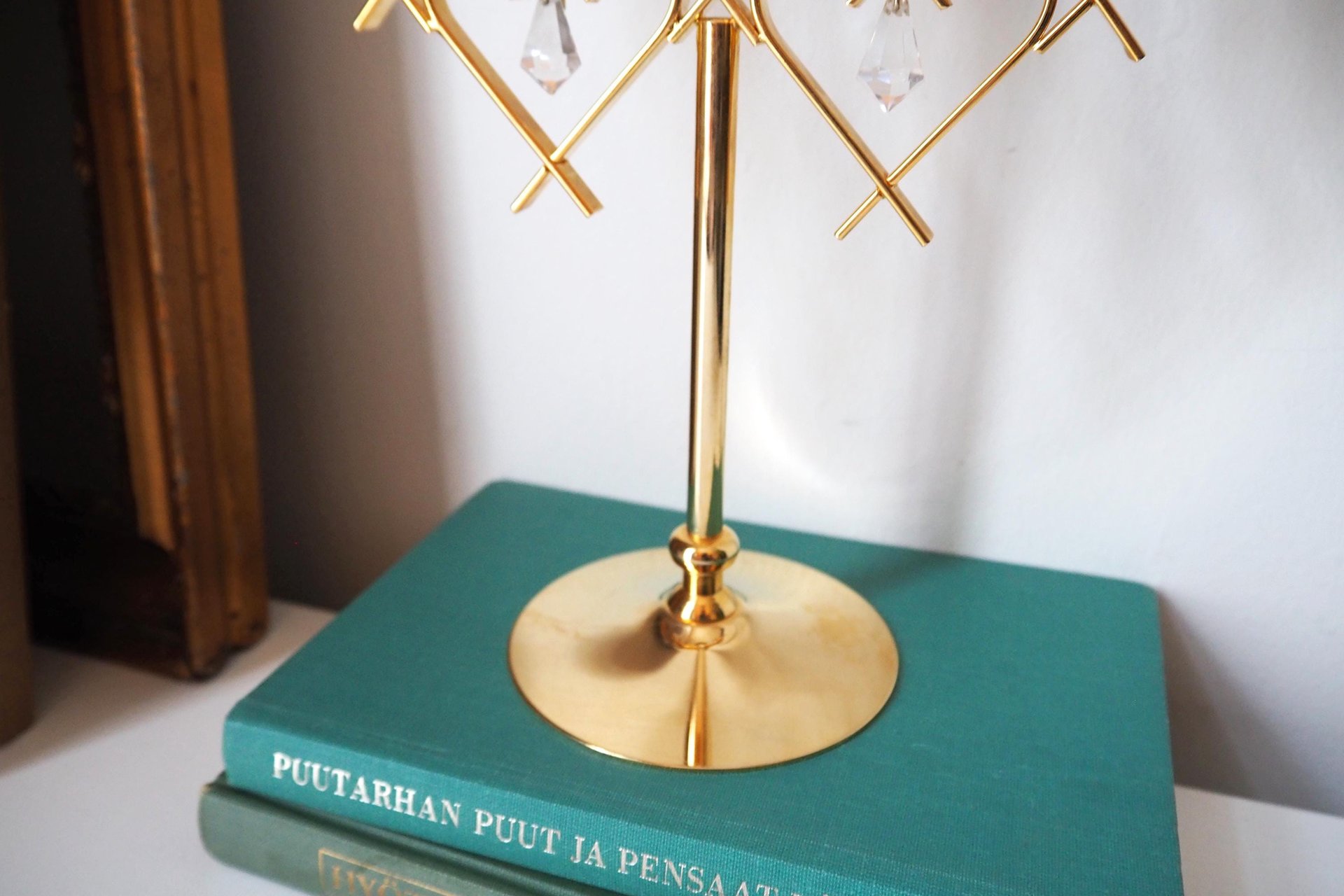 Vintage crystal candelabrum | Vintage three arm candle holder | Gold plated candelabra | Vintage heart candelabrum