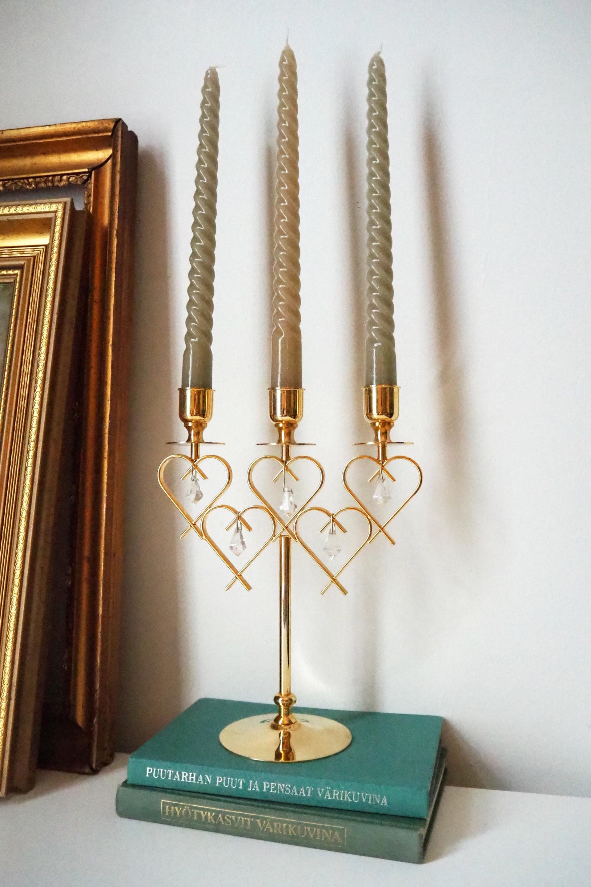 Vintage crystal candelabrum | Vintage three arm candle holder | Gold plated candelabra | Vintage heart candelabrum