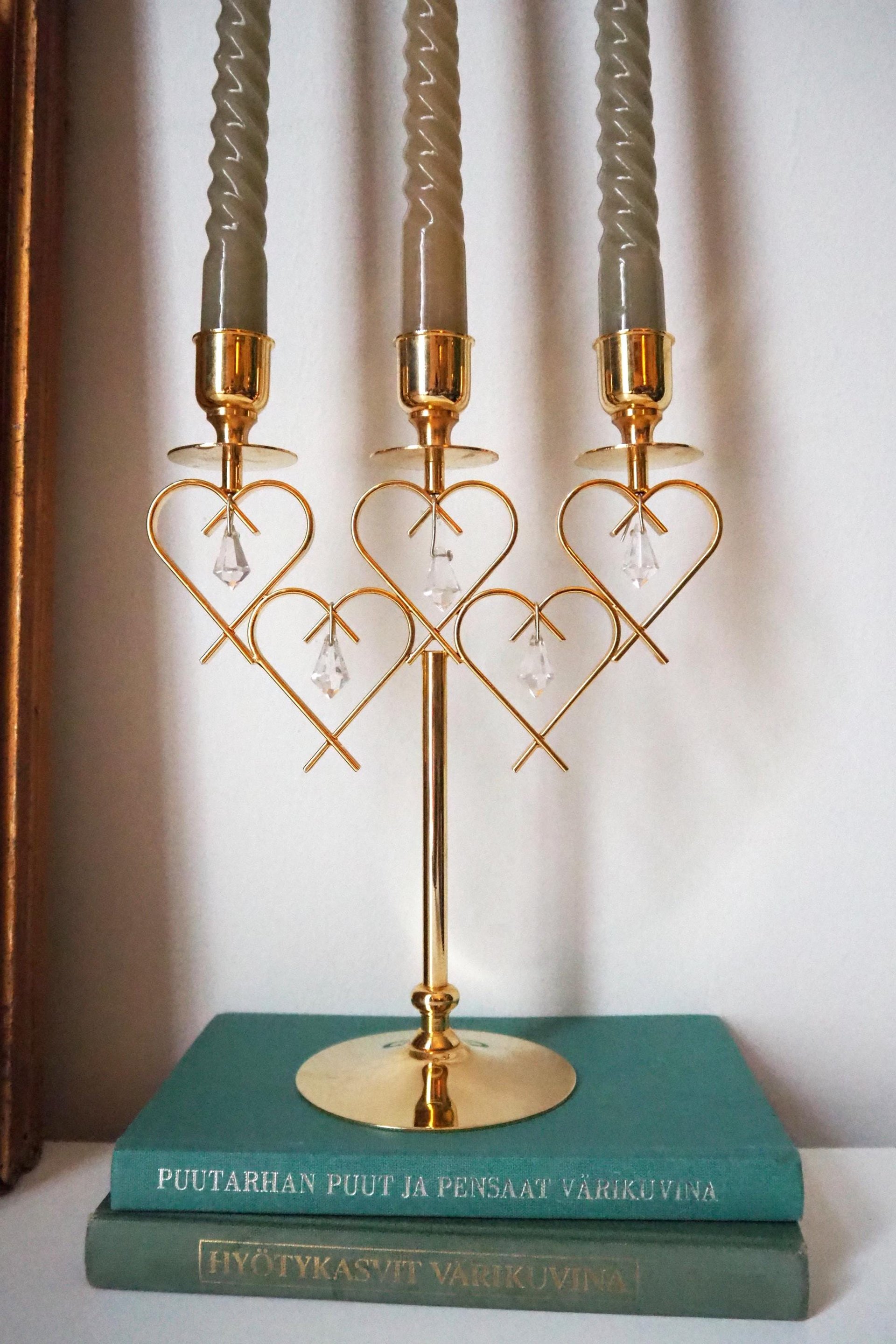 Vintage crystal candelabrum | Vintage three arm candle holder | Gold plated candelabra | Vintage heart candelabrum