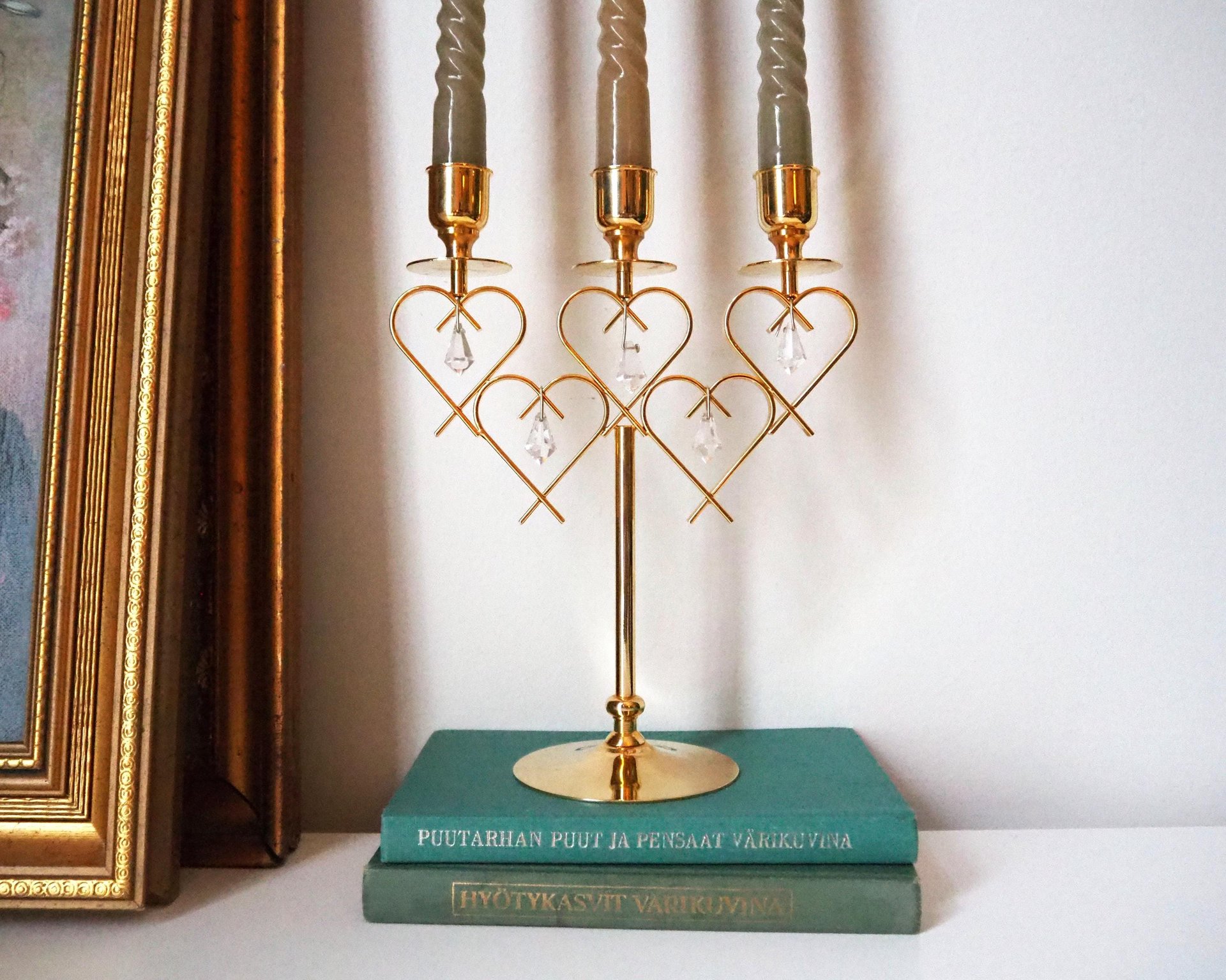 Vintage crystal candelabrum | Vintage three arm candle holder | Gold plated candelabra | Vintage heart candelabrum