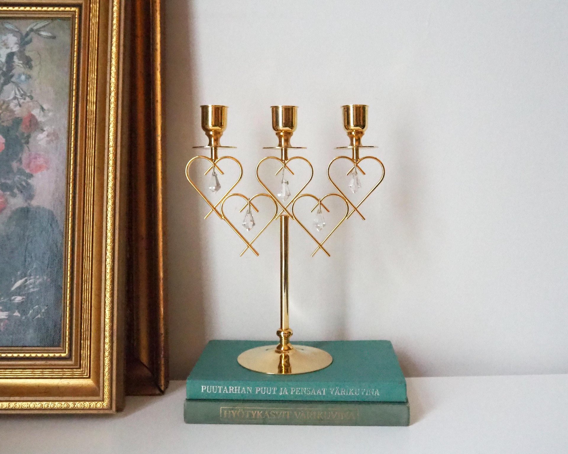 Vintage crystal candelabrum | Vintage three arm candle holder | Gold plated candelabra | Vintage heart candelabrum