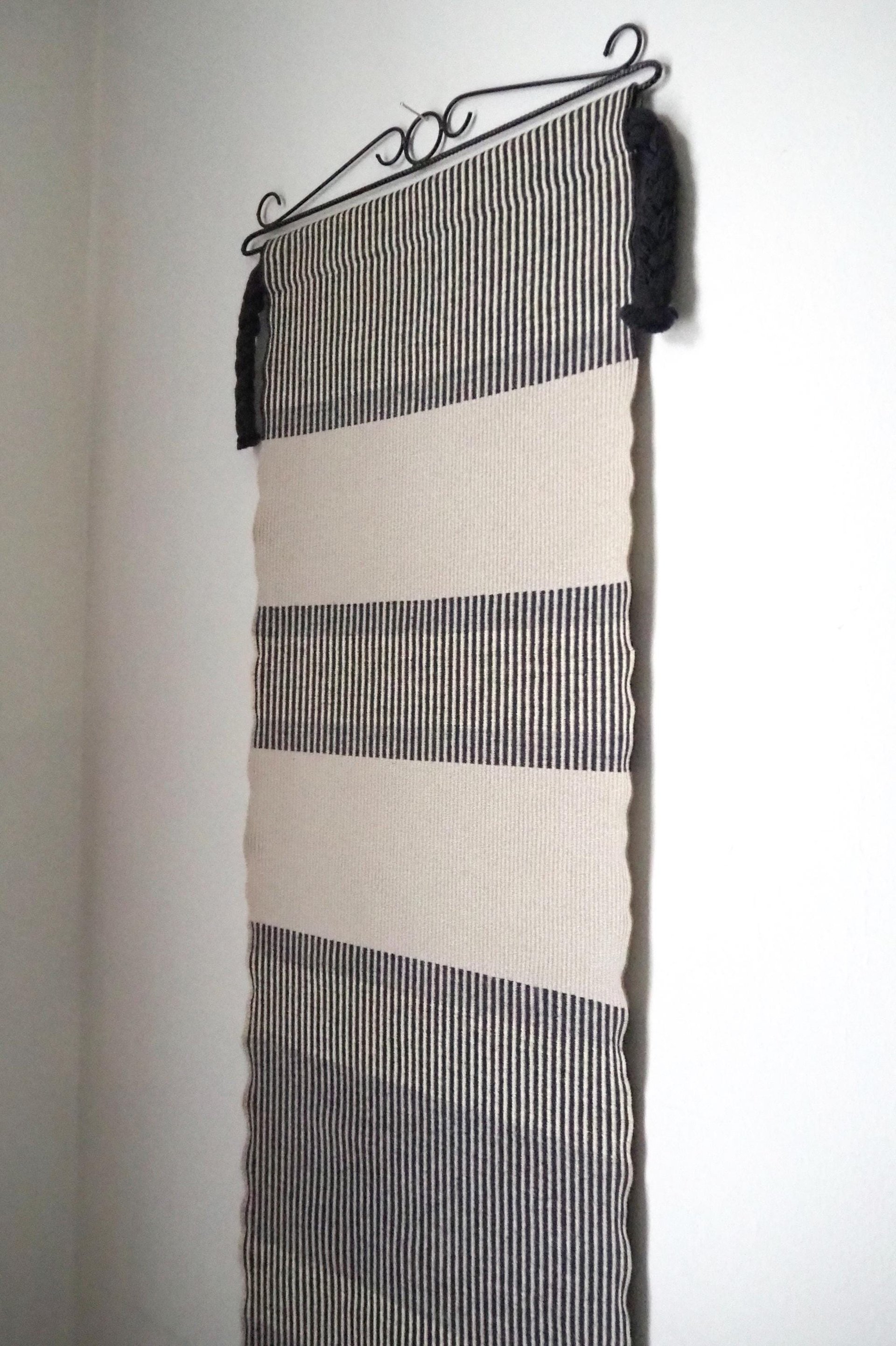 Vintage wall tapestry | Long wall hanging | Scandinavian woven textile | Geometrical wall tapestry | Black and white wall tapestry