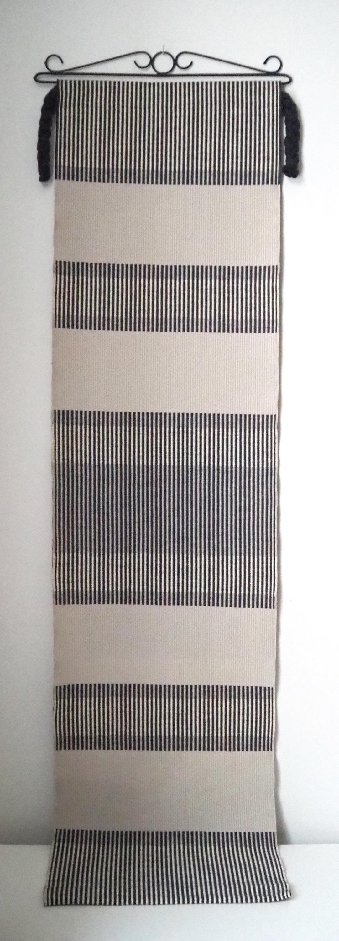 Vintage wall tapestry | Long wall hanging | Scandinavian woven textile | Geometrical wall tapestry | Black and white wall tapestry