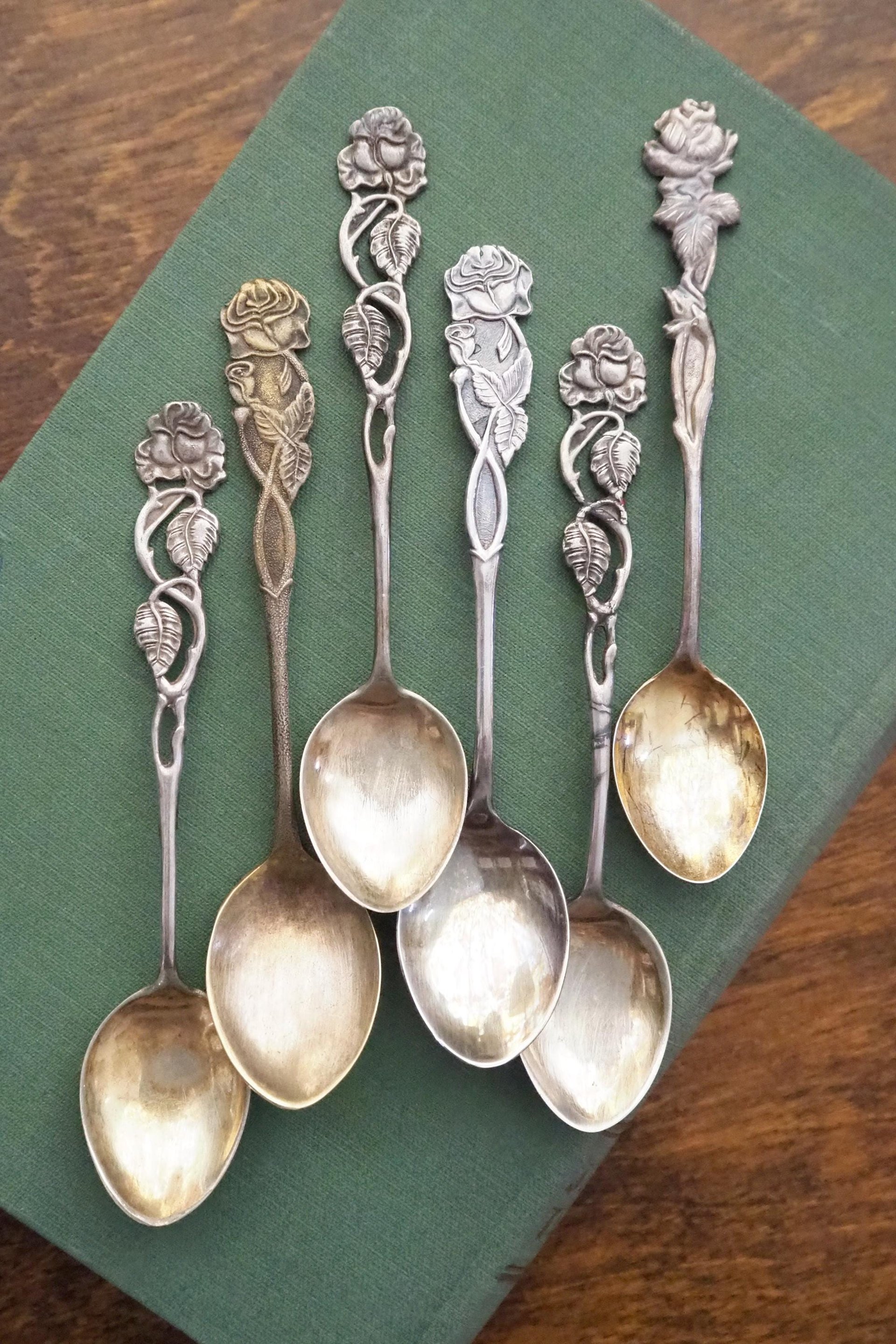 Set of six vintage teaspoons | Small silver plated teaspoons | Mismatched teaspoon set | Vintage rose teaspoons