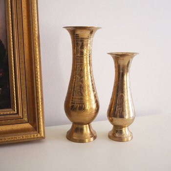 Set of two vintage brass vases | Etched brass vases | Vintage bud vase | Vintage single flower vases | Vintage brass vases