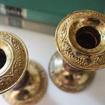 Set of three vintage candlestick holders | Gold plated candle holders | Vintage gold and wood candle holders | Made in England