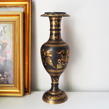 Vintage brass vase | Large vintage vase | Black brass vase | Etched floral brass vase black