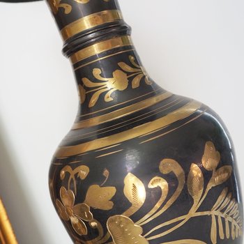 Vintage brass vase | Large vintage vase | Black brass vase | Etched floral brass vase black