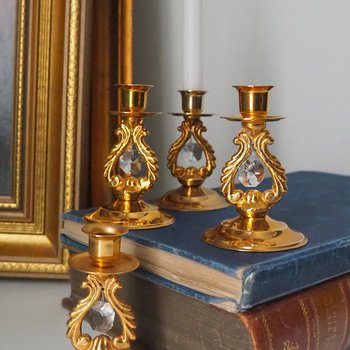 Set of four vintage candlestick holders | Gold plated crystal candlestick holders | Small gold plated candlestick holders | Turun Kristalli