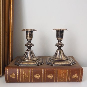 Set of two vintage candlestick holders | Silver plated candlestick holders | Ornate silver candlestick holders | Made in Finland
