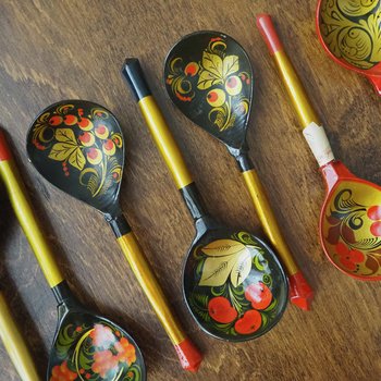 Vintage Khokhloma spoons | Vintage handpainted wooden spoons | Russian wooden spoons