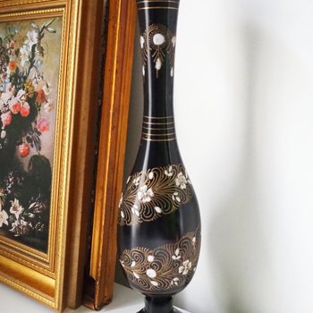 Vintage brass vase | Black brass vase | Etched floral brass vase black | Tall brass and black vase