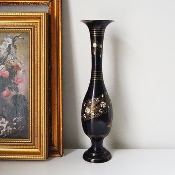 Vintage brass vase | Black brass vase | Etched floral brass vase black | Tall brass and black vase