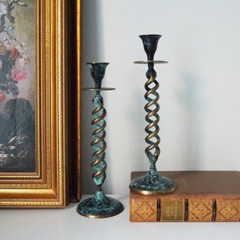 Pair of vintage candlestick holders | Twisted candlestick holders | Tall brass candlestick holders | Matching candlestick holders