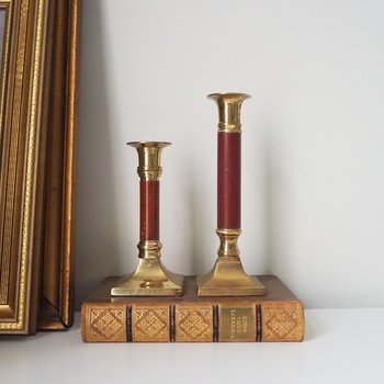 Pair of vintage candlestick holders | Brass candlestick holders | Tall brass candlestick holders | Mismatched candlestick holders