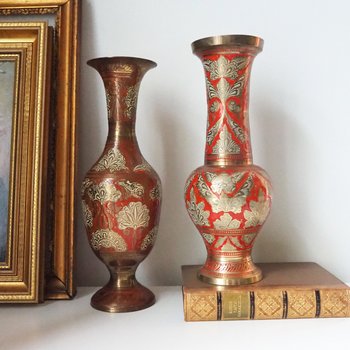 Vintage brass vase | Large enamelled brass vase | Vintage brass vases | Tall brass vase | Vintage vase | Brass and red vase