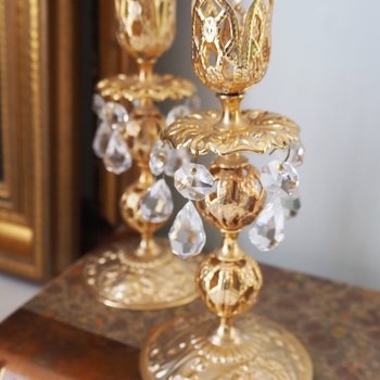Vintage candlestick holder pair | Gold plated crystal candlestick holders | Ornate candlestick holders | Crystal candlestick holders