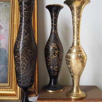 Vintage brass vase | Etched brass vases | Vintage bud vase | Vintage single flower vases | Black and brass vases