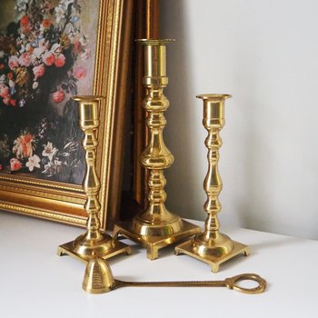 Vintage candlestick holder set | Candlestick holders | Vintage brass candlestick holders and candle snuffer | Made in Japan
