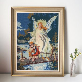 Vintage needlepoint wall art | Guardian angel needlepoint | Scandinavian wall art | Needlepoint wall hanging | Wool needlepoint