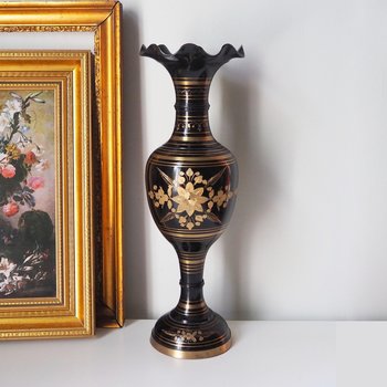 Vintage brass vase | Large vintage vase | Black brass vase | Etched floral brass vase black