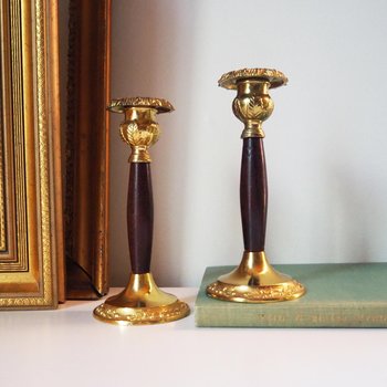 Set of two vintage candlestick holders | Gold plated candle holders | Vintage gold and wood candle holders | Made in England